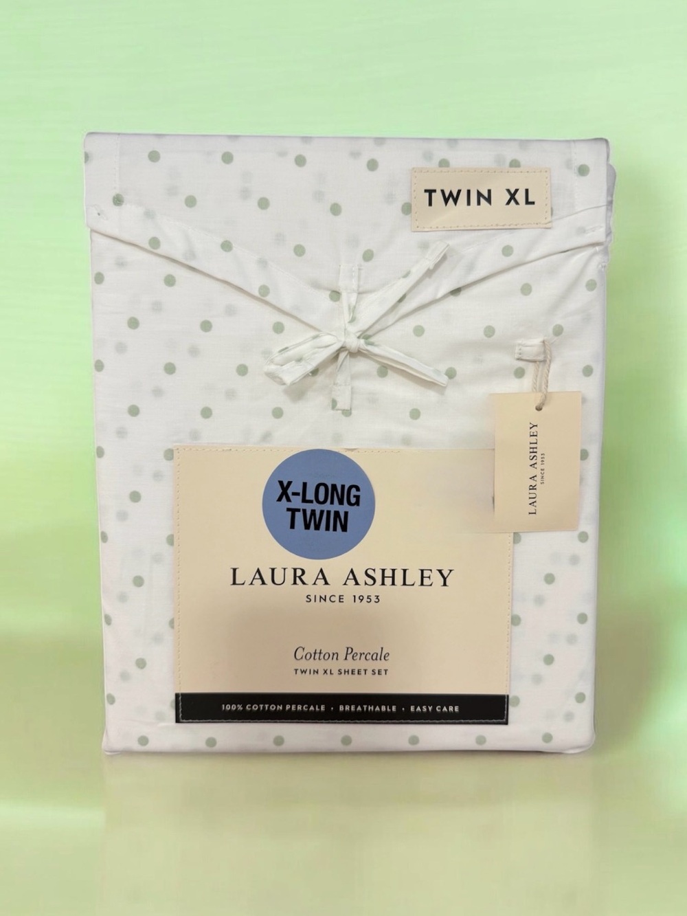 Darling Dots Laura Ashley Twin XL Cotton  Sheet Set ~ Whimsical GREEN Polka Dots